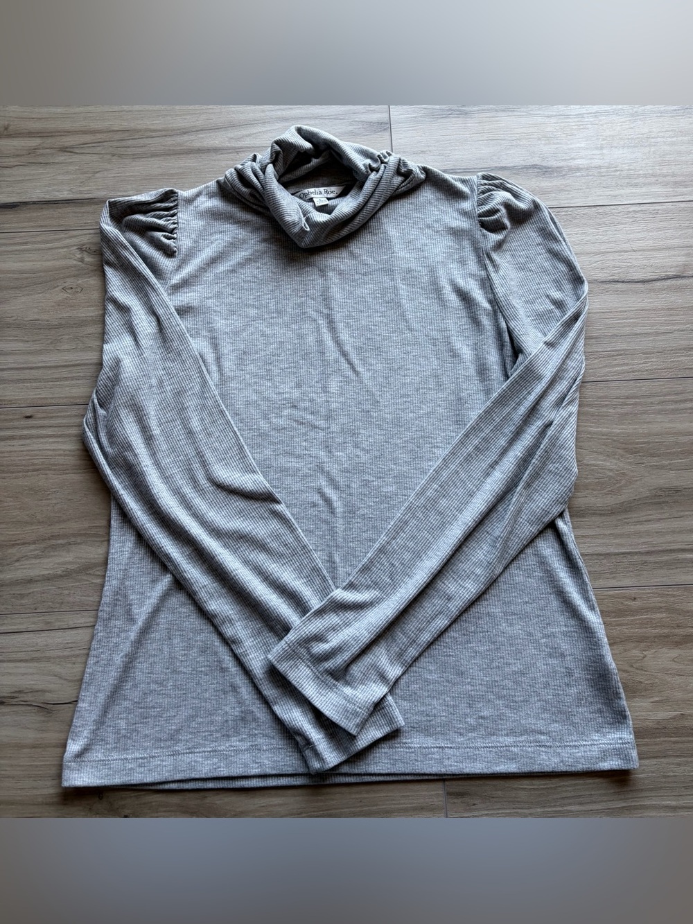 Ophelia Roe Gray Ribbed Puff Sleeve Turtleneck Top L